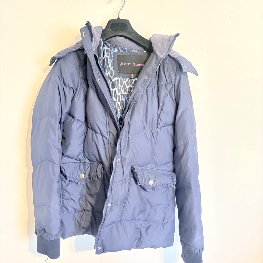 Betsey Johnson Puffer Jacket Blue Faux Fur Trim Hood Down Fill Small - Picture 16 of 16